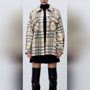 Zara Women's Plaid Shacket Jacket Overshirt Fleece Cream/Brown Small Oversized